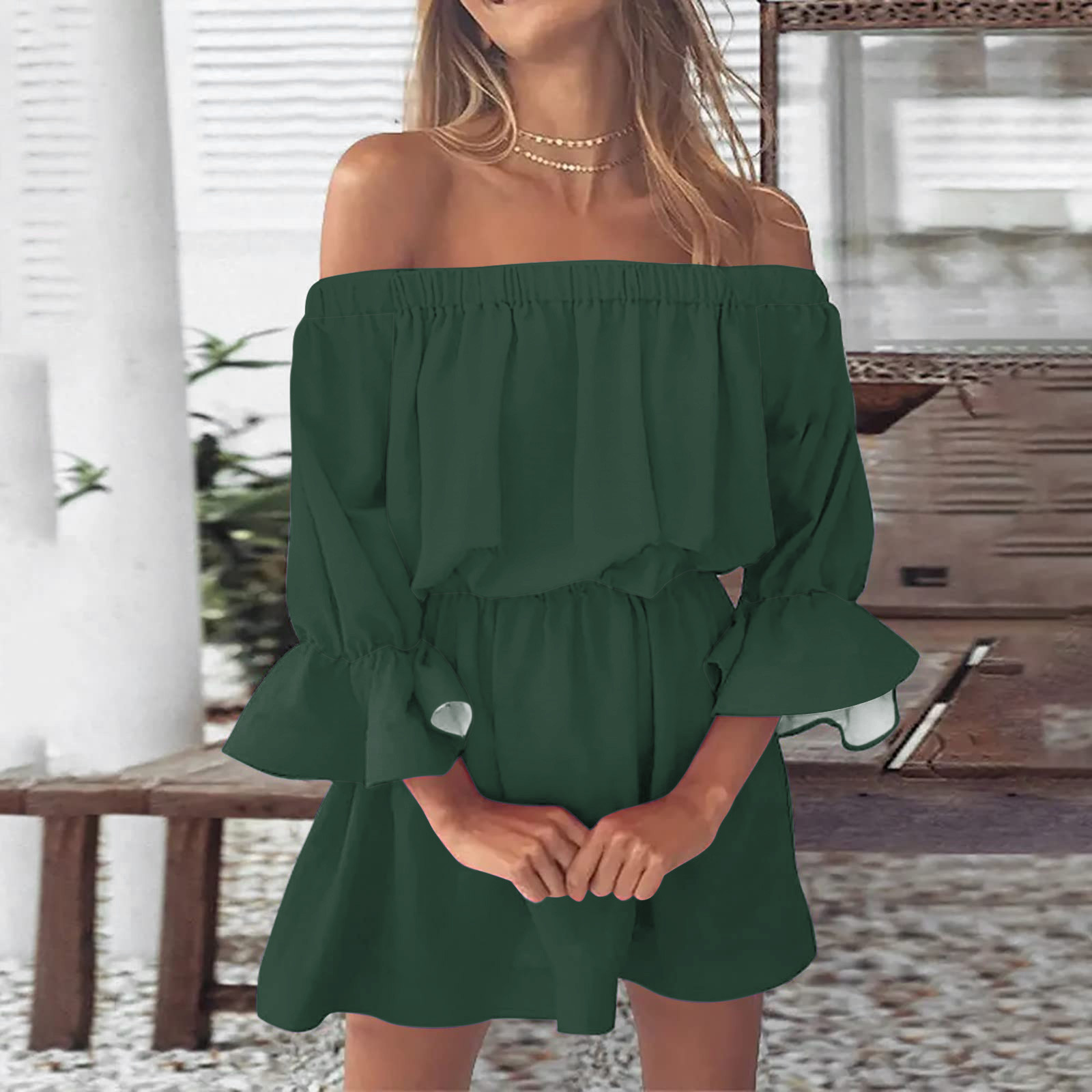 thumbnail image 2 of Mini vestido vintage con estampado, hombros descubiertos y mangas acampanadas para mujer: vestido informal y holgado de verano para la playa con diseño floral, tejido de poliéster, 2 of 5